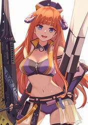  :d absurdres arknights bagpipe_(arknights) bagpipe_(queen_no._1)_(arknights) bare_shoulders black_gloves blue_eyes breasts cleavage commentary cowboy_shot crop_top esoul female fingerless_gloves gloves hat head_tilt highres horns long_hair looking_at_viewer medium_breasts micro_shorts midriff navel official_alternate_costume open_mouth orange_hair overskirt pouch see-through see-through_skirt shorts showgirl_skirt simple_background skirt smile solo standing stomach thighs very_long_hair white_background zipper zipper_pull_tab 