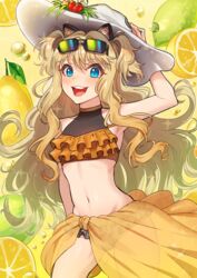  :d air_bubble animal_ears bikini black_bikini blonde_hair bubble cat_ears commentary cowboy_shot eyewear_on_head fake_animal_ears female food frilled_bikini frills fruit halterneck hand_on_headwear hat highres kamille_(vcx68) lemon lime_(fruit) long_hair looking_at_viewer md5_mismatch navel open_mouth orange_(fruit) orange_sarong resolution_mismatch sarong seeu smile solo source_larger standing sun_hat sunglasses swimsuit two_side_up vocaloid wavy_hair white_hat 