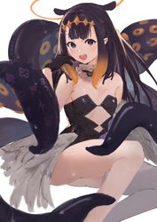  absurdres bare_shoulders black_choker black_gloves blunt_bangs choker clothing_cutout female fur-trimmed_choker fur_trim gloves gradient_hair halo highres hololive hololive_english long_hair looking_at_viewer low_wings mole mole_under_eye multicolored_hair ninomae_ina&#039;nis ninomae_ina&#039;nis_(1st_costume) open_mouth orange_hair patterned patterned_clothing pointy_ears purple_eyes purple_hair sidelocks single_thighhigh smile solo teeth tentacle tentacle_hair thighhighs tsuiru upper_teeth_only virtual_youtuber white_thighhighs wings 