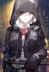  absurdres black_gloves black_jacket closed_mouth collared_shirt commentary earrings english_commentary female gloves gun h&amp;k_mp5 hair_between_eyes highres holding holding_gun holding_weapon hood hood_up hooded_jacket jacket jewelry kfr long_hair looking_at_viewer neck_ribbon open_clothes open_jacket original photoshop_(medium) red_eyes red_gloves red_ribbon ribbon shirt submachine_gun two-tone_gloves weapon white_hair white_shirt 