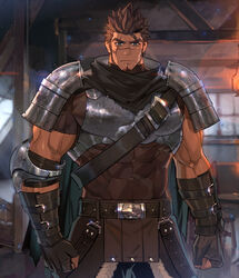  1boy armor bara biceps breastplate brown_hair covered_abs covered_navel cowboy_shot facial_hair goatee highres large_pectorals long_sideburns looking_at_viewer male_focus mature_male muscular muscular_male nikism original paid_reward_available pauldrons pectorals scar scar_across_eye scar_on_face scar_on_nose shirt short_hair shoulder_armor sideburns solo spiked_hair taut_clothes taut_shirt veins 