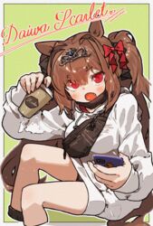  :o amonitto animal_ears blush bow breasts brown_hair character_name commentary_request cropped_legs cup daiwa_scarlet_(umamusume) disposable_coffee_cup disposable_cup drawstring fanny_pack female green_background hair_between_eyes hair_intakes hairbow highres holding holding_cup holding_phone hood hood_down hoodie horse_ears horse_girl horse_tail long_hair long_sleeves looking_at_viewer mask mask_pull medium_breasts mouth_mask oerba_yun_fang open_mouth phone red_bow red_eyes sitting sleeves_past_wrists solo streetwear tail tiara twintails umamusume very_long_hair white_hoodie 