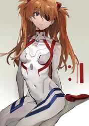  absurdres blue_eyes brown_hair collarbone covered_collarbone covered_navel evangelion:_3.0+1.0_thrice_upon_a_time eyelashes eyepatch female gradient_background highres long_hair neon_genesis_evangelion parted_lips plugsuit rebuild_of_evangelion sitting solo souryuu_asuka_langley teeth tsuiru turtleneck twintails wariza 