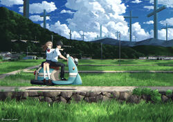  1boy absurdres black_footwear black_hair black_pants black_skirt bow brown_footwear brown_hair building cloud cross cumulonimbus_cloud female grass hanagamigendai highres hover_scooter hover_vehicle long_hair looking_at_viewer original outdoors pants pointing pointy_ears red_bow riding rural school_uniform shirt short_hair sidesaddle skirt smile socks summer tree twitter_username white_legwear white_shirt wind 