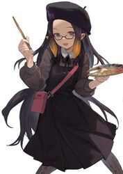  :d art_brush bag beret black_hair black_hat black_ribbon collared_shirt commentary cowboy_shot dress english_commentary female flat_chest forehead glasses gradient_hair grey_eyes grey_pantyhose grey_shirt handbag hat highres holding holding_paintbrush holding_palette hololive hololive_english long_hair long_sleeves looking_at_viewer multicolored_hair neck_ribbon ninomae_ina&#039;nis ninomae_ina&#039;nis_(casual) oerba_yun_fang official_alternate_costume official_alternate_hairstyle open_mouth orange_hair paintbrush palette_(object) pantyhose pinafore_dress pink_bag pinstripe_pattern pinstripe_shirt pleated_dress pointy_ears puffy_long_sleeves puffy_sleeves purple-framed_eyewear ribbon shirt sidelocks sideways_hat simple_background skin_fang sleeveless sleeveless_dress smile solo striped tentacle_hair tsuiru very_long_hair virtual_youtuber white_background 