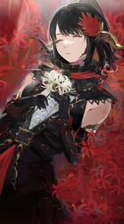  au_ra belt belt_buckle black_gloves black_hair bleeding blood buckle closed_eyes closed_mouth commission duplicate elbow_gloves female final_fantasy final_fantasy_xiv flower frilled_cuffs frills gloves hair_ornament highres holding holding_flower horns injury leaf light_particles light_rays long_hair pixel-perfect_duplicate pixiv_commission ponytail red_flower scales solo spider_lily torn_clothes torn_gloves tsuiru warrior_of_light_(ff14) white_flower 