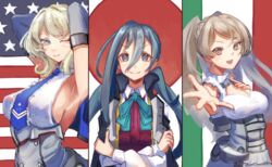  3girls ahoge american_flag blonde_hair blue_eyes blue_necktie bow bowtie breasts brown_eyes colorado_(kancolle) commentary_request conte_di_cavour_(kancolle) conte_di_cavour_nuovo_(kancolle) dress elbow_gloves gloves grey_dress grey_eyes grey_gloves grey_hair hair_between_eyes highres italian_flag japanese_flag kantai_collection kiyoshimo_(kancolle) large_breasts long_hair low_twintails multiple_girls necktie odd_one_out panda_(heart_sink) pleated_dress school_uniform shirt short_hair sideboob sleeveless twintails two_side_up white_dress white_shirt 