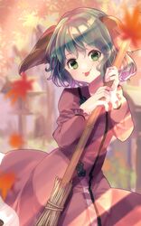  animal_ears autumn_leaves bad_id bad_twitter_id blurry blurry_background blush broom commentary_request dappled_sunlight dog_ears dress female green_eyes green_hair highres holding holding_broom kasodani_kyouko long_sleeves looking_at_viewer one-hour_drawing_challenge oudondk pink_dress short_hair solo sunlight tongue tongue_out touhou tree upper_body yamabiko 