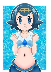  arms_up baggy_pants bangs blue_eyes blue_hair blue_pants copyright crop_top female groin hainchu hairband lana_(pokemon) loose_pants lowleg lowleg_pants md5_mismatch navel no_panties pants pokemon resolution_mismatch source_larger water_drop 