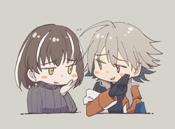  2girls ahoge arknights black_gloves black_sweater blush_stickers brown_eyes brown_footwear brown_hair chibi commentary ear_piercing gloves gossip jacket magallan_(arknights) mayer_(arknights) multicolored_hair multiple_girls nekomdr off_shoulder open_clothes open_jacket open_mouth orange_jacket piercing ribbed_sweater short_hair simple_background streaked_hair sweater whispering white_hair yellow_eyes 