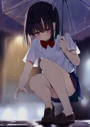  bare_legs bare_legs_girl_(kamizaki_hibana) black_hair blue_sky blush bow bowtie brown_footwear cellphone closed_mouth commentary_request female holding holding_umbrella kamizaki_hibana miniskirt original phone picking_up pleated_skirt purple_eyes rain red_bow red_bowtie school_uniform shirt shoes short_sleeves sidelocks skirt sky smartphone solo squatting transparent transparent_umbrella two_side_up umbrella white_shirt 