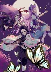  3girls :d absurdres bb_(fate) bb_(fate/extra) black_footwear black_hair black_skirt blue_eyes boots bow bug butterfly butterfly_hair_ornament choker closed_mouth crescent crescent_earrings crossover cure_selene demon_slayer_uniform dress earrings fate/extra fate/extra_ccc fate_(series) floating_hair full_moon gradient_hair hair_ornament hairbow hand_on_own_knee haori high_heel_boots high_heels highres holding holding_sword holding_weapon jacket japanese_clothes jewelry kaguya_madoka kimetsu_no_yaiba knee_boots kochou_shinobu long_hair looking_at_viewer miniskirt moon multicolored_hair multiple_girls neck_ribbon open_mouth pants precure profile purple_background purple_choker purple_dress purple_eyes purple_hair purple_jacket purple_pants red_bow red_ribbon ribbon shipu_(gassyumaron) shirt short_hair short_sleeves skirt smile star_twinkle_precure sword thigh_boots thighhighs tongue tongue_out uniform very_long_hair weapon white_footwear white_shirt white_sleeves zettai_ryouiki 