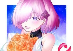  alternate_costume bare_shoulders black_neckwear blush bouquet collarbone commentary dress fate/grand_order fate/grand_order_waltz_in_the_moonlight/lostroom fate_(series) female flower hair_flower hair_ornament hair_over_one_eye highres light_purple_hair mash_kyrielight mash_kyrielight_(under_the_same_sky) official_alternate_costume one_eye_covered open_mouth orange_flower orange_rose purple_eyes purple_flower rose short_hair sleeveless sleeveless_dress smile solo t_maguo tongue upper_body white_dress 