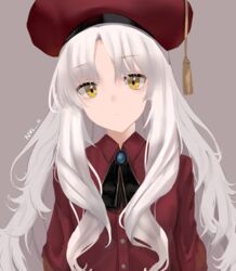  absurdres artist_name beret black_neckwear caren_hortensia caren_hortensia_(amor_caren) caren_hortensia_(amor_caren)_(second_ascension) fate/grand_order fate_(series) female hat highres long_hair long_sleeves looking_at_viewer nvl red_hat red_shirt shirt simple_background solo upper_body wavy_hair white_hair yellow_eyes 