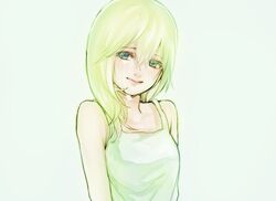  bare_shoulders blonde_hair breasts closed_mouth crying dress female green_eyes kimidori_(kimidoriri) kingdom_hearts kingdom_hearts_ii long_hair looking_at_viewer namine simple_background smile solo white_dress 