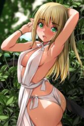  absurdres arm_behind_head armpits arms_up ass bad_anatomy blonde_hair blurry blush breasts commentary_request depth_of_field elf female forest green_eyes highres large_breasts loincloth long_hair looking_at_viewer matsunaga_kouyou nature nose_blush open_mouth original outdoors pelvic_curtain pointy_ears smile solo standing vegetation 