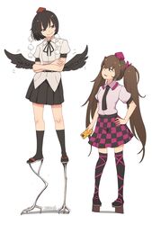  2girls absurdres bird_wings black_eyes black_hair black_necktie black_skirt black_socks black_thighhighs black_wings breasts brown_hair checkered_clothes checkered_skirt commentary doyagao frilled_shirt_collar frills full_body geta grin hand_on_own_hip hat height_difference highres himekaidou_hatate kneeling knees long_hair looking_down looking_up low_wings medium_breasts multiple_girls necktie over-kneehighs phone pom_pom_(clothes) puffy_short_sleeves puffy_sleeves purple_skirt red_eyes sandals senzaicha_kasukadoki shameimaru_aya shirt short_hair short_sleeves signature simple_background skirt smile smug socks standing stilts tabi tengu tengu-geta thighhighs tokin_hat touhou two_side_up very_long_hair white_background white_shirt wings 