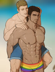  2boys abs artist_name bara beard black_hair blonde_hair blue_eyes blurry blurry_background bracelet brown_eyes couple dark-skinned_male dark_skin facial_hair highres hug hydaria jewelry large_pectorals lgbt_pride lifting_person male_focus male_swimwear manly mature_male multiple_boys muscular muscular_male necklace nipples obliques ocean original pectorals short_hair smile stomach swim_briefs teeth thick_arms thick_eyebrows thick_thighs thighs tongue topless_male yaoi 