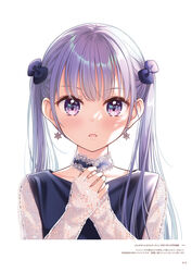  2021 bow choker collarbone earrings female hairbow highres jewelry long_hair long_sleeves looking_at_viewer new_game! official_art open_mouth page_number purple_bow purple_eyes purple_hair sleeves_past_wrists solo star_(symbol) star_earrings suzukaze_aoba tokunou_shoutarou twintails upper_body white_background 