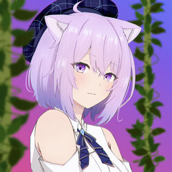  :3 ahoge animal_ears ascot bare_shoulders beret blue_ascot blue_hat blue_journey_(hololive) blush cat_ears chromatic_aberration closed_mouth clothing_cutout commentary crossed_bangs double-parted_bangs english_commentary female gradient_background hair_between_eyes hat highres hiiragi_satsuki hololive looking_at_viewer nekomata_okayu official_alternate_costume plaid_headwear purple_eyes purple_hair shirt short_hair shoulder_cutout smile solo virtual_youtuber white_shirt 