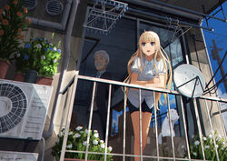  1boy absurdres air_conditioner balcony black_pants blonde_hair blue_eyes clothes_hanger day drink facial_hair feline female flower formal grey_hair hanagamigendai highres leaning_forward long_hair md5_mismatch moustache necktie old old_man original outdoors pants power_lines radar_dish railing standing suit yojouhan 