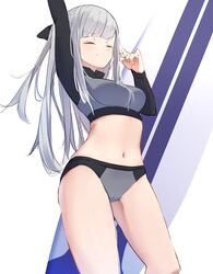  absurdres ak-12_(age_of_slushies)_(girls&#039;_frontline) ak-12_(girls&#039;_frontline) arm_up bad_id bad_twitter_id bow closed_eyes commentary cowboy_shot female girls&#039;_frontline grey_hair hairbow highres long_hair long_sleeves midriff navel official_alternate_costume oyatsutime simple_background smile solo sports_bikini surfboard swimsuit thighs two-tone_swimsuit white_background 