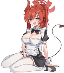  absurdres alternate_costume apron arm_between_legs arm_support black_bow black_bowtie black_footwear blue_archive blue_eyes blush bow bowtie breasts cleavage commentary demon_horns demon_tail enmaided female halo highres horns korean_commentary large_breasts looking_at_viewer maid megu_(blue_archive) petticoat pointy_ears ponytail puffy_short_sleeves puffy_sleeves red_eyes short_sleeves simple_background sitting smile solo tail thighhighs wariza white_apron white_background white_thighhighs wrist_cuffs zettai_ryouiki ziro_(zirorong) 