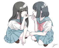  2girls absurdres bad_id bad_pixiv_id black_hair blue_eyes blue_sailor_collar blue_skirt brown_eyes brown_footwear brown_hair cigarette cigarette_kiss commentary_request full_body hand_up highres long_hair looking_at_another looking_at_viewer multiple_girls neckerchief original pleated_skirt red_neckerchief sailor_collar school_uniform serafuku shirt short_hair short_sleeves signature simple_background skirt squatting tsuzuki_amy white_background white_shirt 