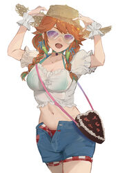  arms_up bag bra braid breasts checkered_clothes choker cleavage collarbone denim denim_shorts earrings feather_earrings feathers female frills gradient_background green_bra green_choker green_hair hat hatching_(texture) heart highres hololive hololive_english jewelry long_hair midriff multicolored_hair navel official_alternate_costume open_mouth orange_hair puffy_sleeves purple-tinted_eyewear purple_eyes see-through shorts simple_background solo straw_hat sunglasses takanashi_kiara takanashi_kiara_(casual) tinted_eyewear tsuiru twintails unbuttoned underwear virtual_youtuber white-framed_eyewear white_background 