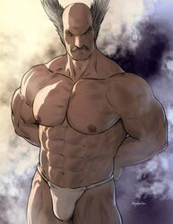  1boy abs arms_behind_back artist_name bara biceps broad_shoulders facial_hair frown fundoshi grey_hair highres hydaria japanese_clothes large_pectorals looking_at_viewer male_focus male_underwear manly mature_male mishima_heihachi moustache muscular muscular_male navel nipples no_pants obliques pectorals solo spiked_hair tekken thick_arms topless_male underwear 