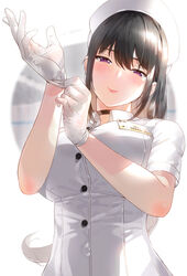  absurdres adjusting_clothes adjusting_gloves black_choker black_hair blush breasts buttons choker closed_mouth commentary english_commentary female glove_pull gloves half-closed_eyes hat highres kfr large_breasts long_hair looking_at_viewer name_tag nurse nurse_cap original photoshop_(medium) purple_eyes short_sleeves sidelocks smile solo tareme upper_body white_gloves white_hat 