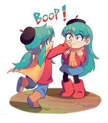  2girls a_hat_in_time bad_id bad_pixiv_id beret black_legwear blue_eyes blue_hair blue_pants blue_skirt boots brick_st brown_footwear cape chinese_commentary clenched_hands commentary cosplay crossover english_text finger_to_another&#039;s_nose hat hat_kid highres hilda_(hilda) hilda_(hilda)_(cosplay) hilda_(series) jacket long_hair looking_at_another medium_hair multiple_girls pants poking_nose ponytail red_footwear red_jacket red_sweater scarf signature simple_background skirt sound_effects surprised sweater wide-eyed 