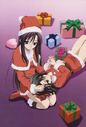  2000s_(style) 2girls absurdres artbook artist_request black_hair christmas color_halftone gift hat highres holding_hands katsura_kotonoha kiyoura_setsuna lap_pillow long_hair lying multiple_girls official_art photoshop_(medium) red_eyes santa_costume santa_hat scan school_days short_hair very_long_hair 