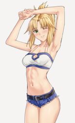  arm_up armpits bandeau bare_shoulders belt belt_buckle blonde_hair blush braid breasts buckle cleavage collarbone crop_top cutoffs denim denim_shorts fate/apocrypha fate_(series) female green_eyes grin hair_ornament hair_scrunchie half_up_braid long_hair looking_at_viewer medium_breasts micro_shorts midriff mordred_(fate) mordred_(fate/apocrypha) mordred_(memories_at_trifas)_(fate) navel one_eye_closed parted_bangs ponytail sarhce scrunchie shorts sidelocks smile solo thighs 