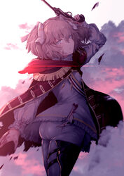  ass blue_eyes brown_hair cape cloud cloudy_sky commentary_request cowboy_shot dirty dirty_face epaulettes female girls&#039;_frontline gun hair_between_eyes hair_ribbon highres holding holding_gun holding_weapon left-handed long_sleeves looking_at_viewer looking_back mishima_hiroji outdoors red_cape revolver ribbon short_hair signature sky solo sunset trigger_discipline two_side_up weapon webley_(girls&#039;_frontline) webley_revolver white_legwear 