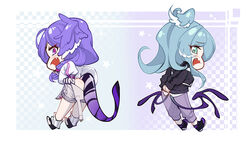  2girls ass black_sweater chibi commentary cosplay costume_switch dragon_tail dressing elira_pendora elira_pendora_(1st_costume) elira_pendora_(cosplay) english_commentary grey_overalls head_wings highres lanyard looking_back looking_down loose_socks low_wings maxeggq multiple_girls nijisanji nijisanji_en oerba_yun_fang open_mouth overall_shorts overalls pants purple_eyes purple_hair purple_pants selen_tatsuki selen_tatsuki_(1st_costume) selen_tatsuki_(cosplay) siblings sisters socks surprised sweater tail virtual_youtuber white_sweater wings 