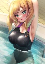  :d absurdres amane_sora armpits arms_up black_one-piece_swimsuit blonde_hair blush breasts commentary_request competition_swimsuit female green_eyes hair_tie highres large_breasts long_hair looking_at_viewer mole mole_on_breast mole_under_eye oerba_yun_fang one-piece_swimsuit open_mouth original partially_submerged pool sitting skin_fang smile solo swimsuit twintails water wet wet_clothes wet_swimsuit 