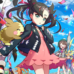  2boys 2girls ? arm_up artist_name backpack bag black_jacket black_nails blue_sky blush_stickers brother_and_sister cape cardigan charizard choker cloud commentary_request dress flying_sweatdrops gloria_(pokemon) green_eyes grey_cardigan hand_up hat heart jacket kingin leon_(pokemon) marnie_(pokemon) morpeko morpeko_(full) multiple_boys multiple_girls nail_polish open_mouth piers_(pokemon) pink_dress pokemon pokemon_(creature) pokemon_masters_ex pokemon_swsh refraction siblings sky sleeves_past_wrists smile spoken_question_mark tam_o&#039;_shanter toggles zacian zacian_(crowned) 