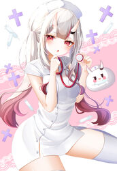  absurdres breasts dress female gradient_hair grey_hair highres hololive horns long_hair medium_breasts multicolored_hair nakiri_ayame nurse ohagetty oni open_mouth poyoyo_(nakiri_ayame) red_eyes red_hair short_sleeves skin-covered_horns streaked_hair thighhighs thighs twintails virtual_youtuber white_dress white_thighhighs 