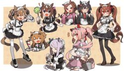  ! 6+girls :d alternate_costume amonitto animal_ears apron arms_behind_back bespectacled black_dress black_hair black_kimono black_pantyhose black_skirt blush braid brown_eyes brown_footwear brown_hair bucket closed_mouth commentary_request daiwa_scarlet_(umamusume) dress duster elbow_gloves enmaided floral_background glasses gloves hair_between_eyes hair_ribbon hand_on_own_hip hands_on_own_hips haru_urara_(umamusume) highres holding holding_bucket holding_tray horse_ears horse_girl horse_tail japanese_clothes kimono kitasan_black_(umamusume) loafers long_hair long_sleeves maid maid_headdress mayano_top_gun_(umamusume) mejiro_mcqueen_(umamusume) mixed_maids multiple_girls notice_lines open_mouth pantyhose parfait pinching_sleeves pink_dress pink_kimono pleated_skirt ponytail puffy_short_sleeves puffy_sleeves purple_hair red-framed_eyewear red_eyes red_ribbon ribbon sakura_bakushin_o_(umamusume) shirt shoes short_sleeves sidelocks skirt sleeves_past_wrists smart_falcon_(umamusume) smile standing swept_bangs tail teapot teeth thighhighs tokai_teio_(umamusume) tray twintails umamusume upper_teeth_only very_long_hair wa_maid white_apron white_footwear white_gloves white_legwear white_shirt wide_sleeves wrist_cuffs 