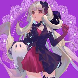  1other :o absurdly_long_hair black_dress black_flower black_headwear black_legwear blush breasts cleavage detached_sleeves dress elbow_gloves eyelashes female flower gear_(gear_990) ghost gloves grey_hair hair_flower hair_ornament hat long_hair looking_up low_twintails multicolored_clothes nijisanji nijisanji_en open_mouth patterned_background poppi_(reimu_endou) purple_background purple_dress red_eyes reimu_endou single_thighhigh small_breasts thighhighs twintails unworn_hat unworn_headwear very_long_hair virtual_youtuber zettai_ryouiki 