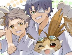  3boys ;d bafarin brown_eyes brown_hair contemporary eyepatch goggles goggles_on_head green_eyes grey_hair grin highres looking_at_viewer multiple_boys nopon oerba_yun_fang one_eye_closed open_mouth rex_(xenoblade) shirt short_hair smile tora_(xenoblade_2) upper_body white_background white_shirt xenoblade_chronicles_(series) xenoblade_chronicles_2 zeke_von_genbu_(xenoblade) 