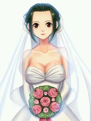  alternate_costume bouquet bridal_veil bride brown_eyes commentary_request dress female flower green_hair highres holding holding_bouquet looking_at_viewer makino_(one_piece) one_piece open_mouth short_hair simple_background solo veil wedding_dress white_background yumiyokiak 