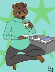  absurd_res anthro bear beverage book brown_body brown_fur clothing drinking female food fur green_eyes hi_res highlights_(coloring) mammal purple_highlights sandwich_(food) simple_background solo sweater tackykat tea topwear turtleneck victoria_(tackykat) 