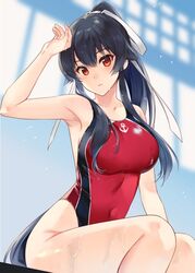  anchor_symbol armpits bare_arms bare_legs bare_shoulders black_hair blush breasts collarbone competition_swimsuit female hair_between_eyes ichinomiya_(blantte) kantai_collection large_breasts long_hair one-piece_swimsuit parted_lips ponytail red_eyes red_one-piece_swimsuit sitting solo swimsuit very_long_hair yahagi_(kancolle) 