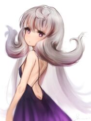  :o ass back backless_dress backless_outfit breasts butt_crack dress eyebrows female from_behind from_side grey_hair highres long_hair looking_at_viewer nijisanji nijisanji_en purple_dress purple_eyes reimu_endou shiina_rei sideboob small_breasts solo virtual_youtuber white_background 