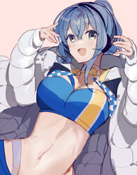  bandeau blue_bandeau blue_eyes blue_hair blue_skirt blue_tube_top breasts coat commentary_request crop_top female gotland_(fuji_speedway_race_queen_mode)_(kancolle) gotland_(kancolle) headphones highleg highleg_panties jacket kantai_collection large_breasts linea_alba long_hair looking_at_viewer midriff mole mole_under_eye navel official_alternate_costume panties picoli1313 ponytail race_queen shrug_(clothing) skirt solo stomach strapless tube_top underwear upper_body white_jacket white_panties winter_clothes winter_coat 