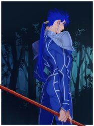  1boy armor ass bad_id bad_pixiv_id beads blue_bodysuit blue_hair bodysuit cowboy_shot cu_chulainn_(fate) cu_chulainn_(fate/stay_night) earrings fate/stay_night fate_(series) from_behind gae_bolg_(fate) hair_beads hair_ornament highres holding holding_polearm holding_weapon jewelry long_hair male_focus muscular muscular_male outdoors pauldrons polearm ponytail shoulder_armor skin_tight solo spear spiked_hair tree uni_(nico02) weapon 