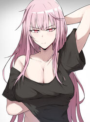  absurdres alternate_costume arm_under_breasts arm_up black_shirt breasts cleavage closed_mouth collarbone female hand_under_clothes hand_under_shirt highres hololive hololive_english large_breasts light_frown long_hair mori_calliope pink_eyes pink_hair sak1_01 shirt simple_background single_bare_shoulder solo v-shaped_eyebrows very_long_hair virtual_youtuber white_background 