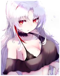  azur_lane bare_shoulders black_bra black_tank_top blush bra bra_strap breasts cleavage closed_mouth collarbone female grey_hair highres large_breasts long_hair looking_at_viewer mole mole_on_breast multicolored_hair official_alternate_costume red_eyes reizouko solo_focus tallinn_(azur_lane) tallinn_(nostalgic_pilsner)_(azur_lane) tank_top underwear white_background 